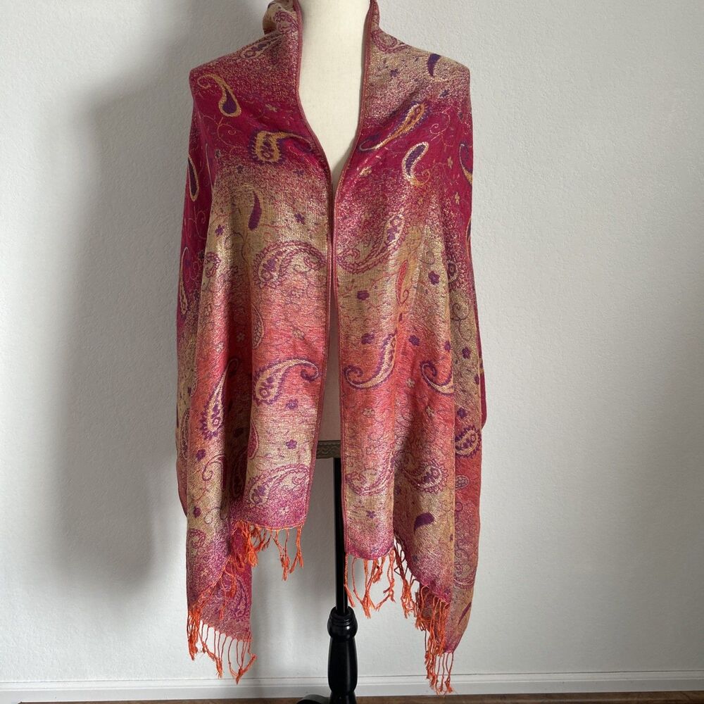 Pashmina Scarf Pink Purple Peach Paisley & Metallic Gold Thread Shawl Wrap